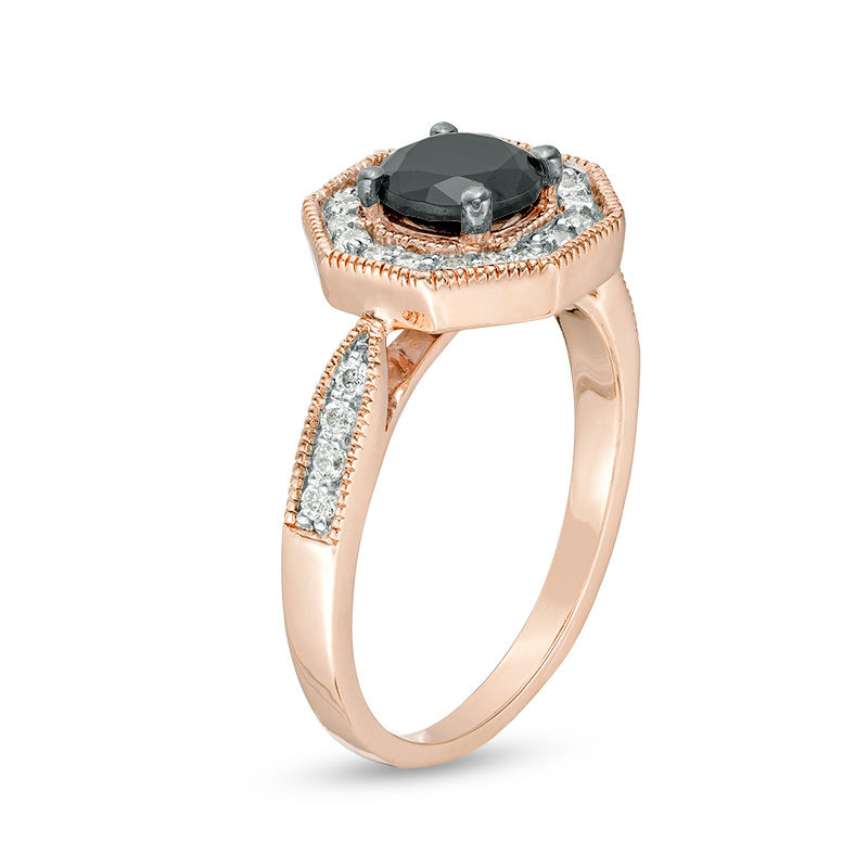 6.0mm Lab-Created Black Sapphire and 0.29 CT. T.W. Diamond Octagon Frame Vintage-Style Ring in 10K Rose Gold|Peoples Jewellers