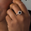 6.0mm Lab-Created Black Sapphire and 0.29 CT. T.W. Diamond Octagon Frame Vintage-Style Ring in 10K Rose Gold