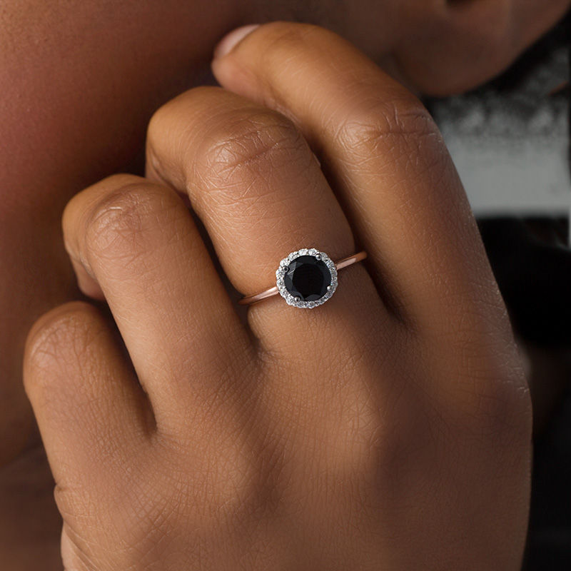 6.0mm Lab-Created Black Sapphire and 0.145 CT. T.W. Diamond Frame Ring in 10K Rose Gold|Peoples Jewellers