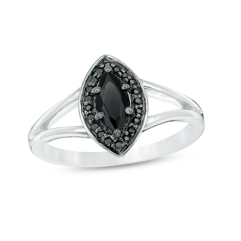 Marquise Lab-Created Black Sapphire and 0.086 CT. T.W. Black Diamond Frame Split Shank Ring in Sterling Silver|Peoples Jewellers