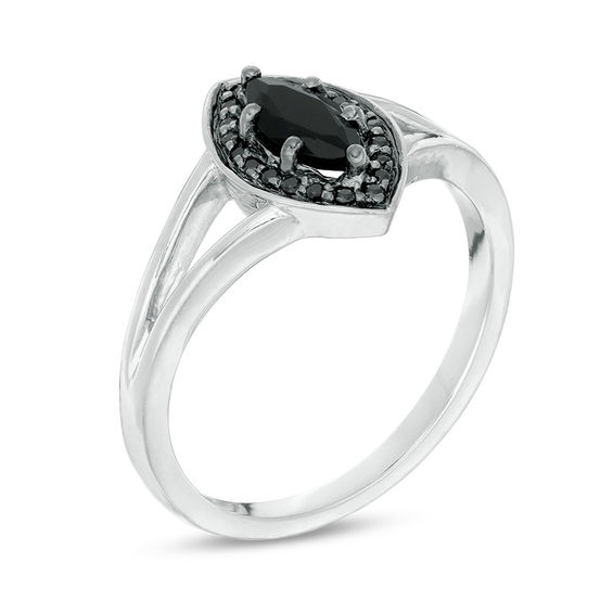 Marquise Lab-Created Black Sapphire and 0.086 CT. T.W. Black Diamond Frame Split Shank Ring in Sterling Silver