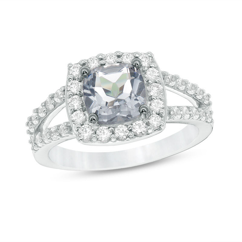 7.0mm Cushion-Cut Lab-Created Grey Spinel and White Sapphire Frame Split Shank Ring in Sterling Silver|Peoples Jewellers