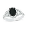 Thumbnail Image 0 of Oval Lab-Created Black and White Sapphire Frame Open Leaf Ring in Sterling Silver