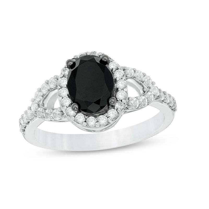 Oval Lab-Created Black and White Sapphire Frame Open Leaf Ring in Sterling Silver|Peoples Jewellers