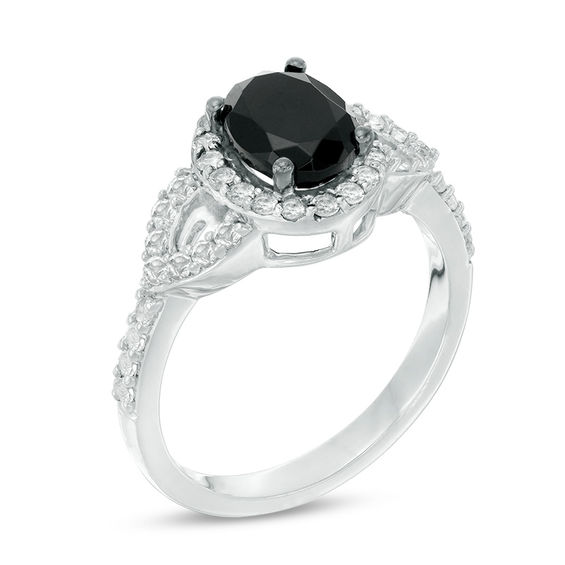 Oval Lab-Created Black and White Sapphire Frame Open Leaf Ring in Sterling Silver