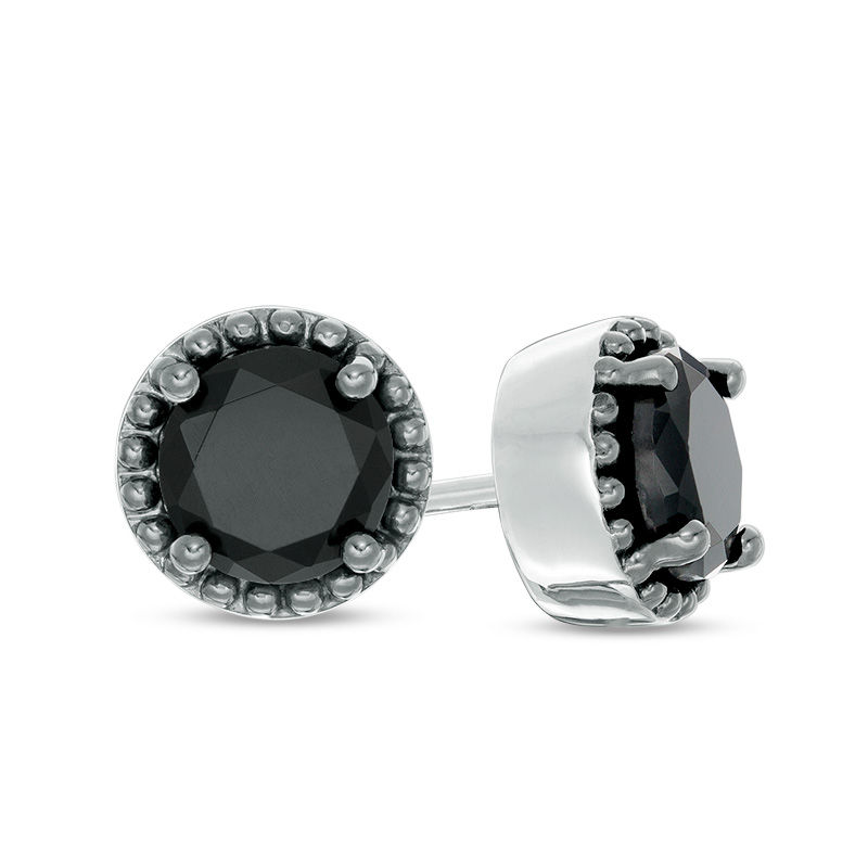 7.0mm Lab-Created Black Sapphire Bead Frame Stud Earrings in Sterling Silver|Peoples Jewellers