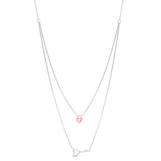 Diamond Accent Heart-Top Key and Heart Lock Double Strand Necklace in Sterling Silver and 10K Rose Gold - 25"