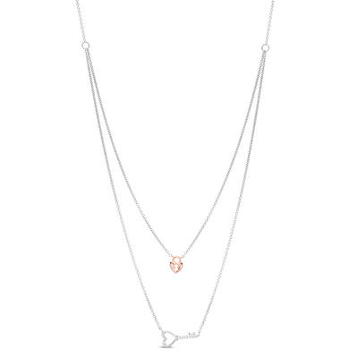 Diamond Accent Heart-Top Key and Heart Lock Double Strand Necklace in Sterling Silver and 10K Rose Gold - 25"