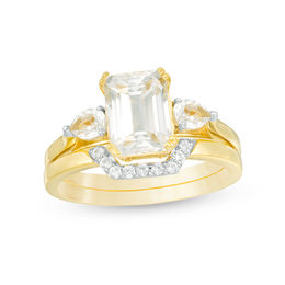 Emerald-Cut Lab-Created White Sapphire Three Stone Geometric Bridal Set in Sterling Silver with 14K Gold Plate