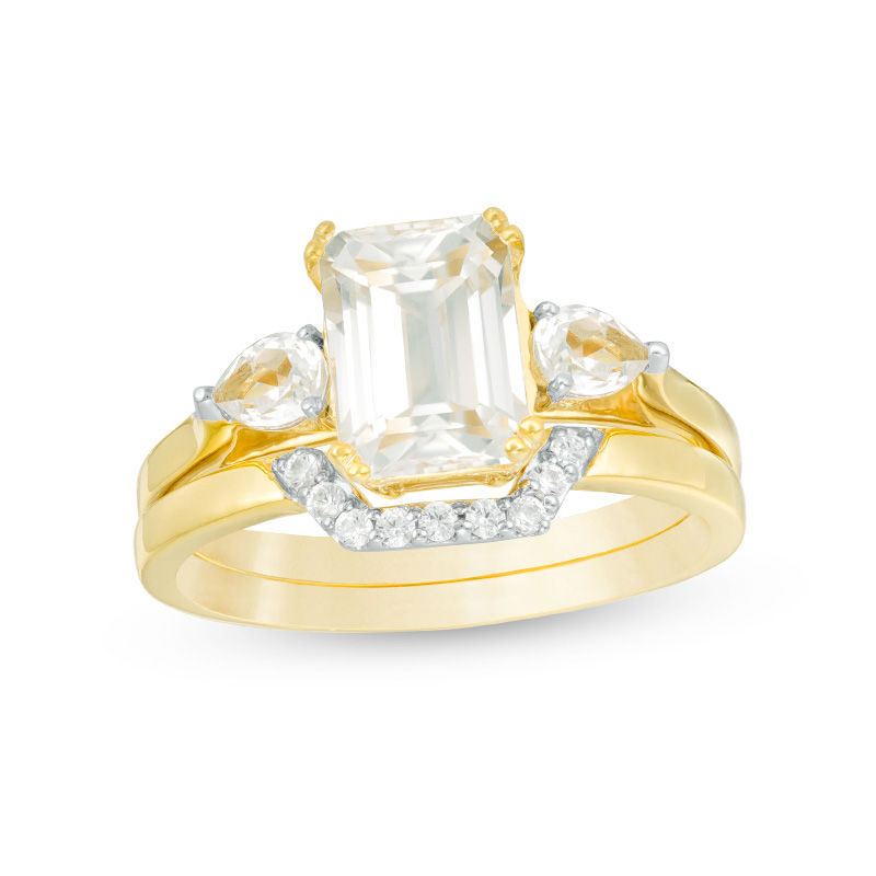 Emerald-Cut Lab-Created White Sapphire Three Stone Geometric Bridal Set in Sterling Silver with 14K Gold Plate|Peoples Jewellers