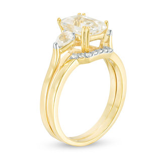 Emerald-Cut Lab-Created White Sapphire Three Stone Geometric Bridal Set in Sterling Silver with 14K Gold Plate