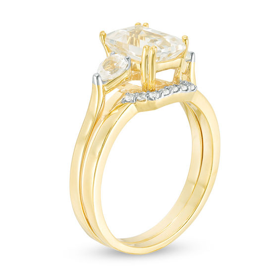 Emerald-Cut Lab-Created White Sapphire Three Stone Geometric Bridal Set in Sterling Silver with 14K Gold Plate