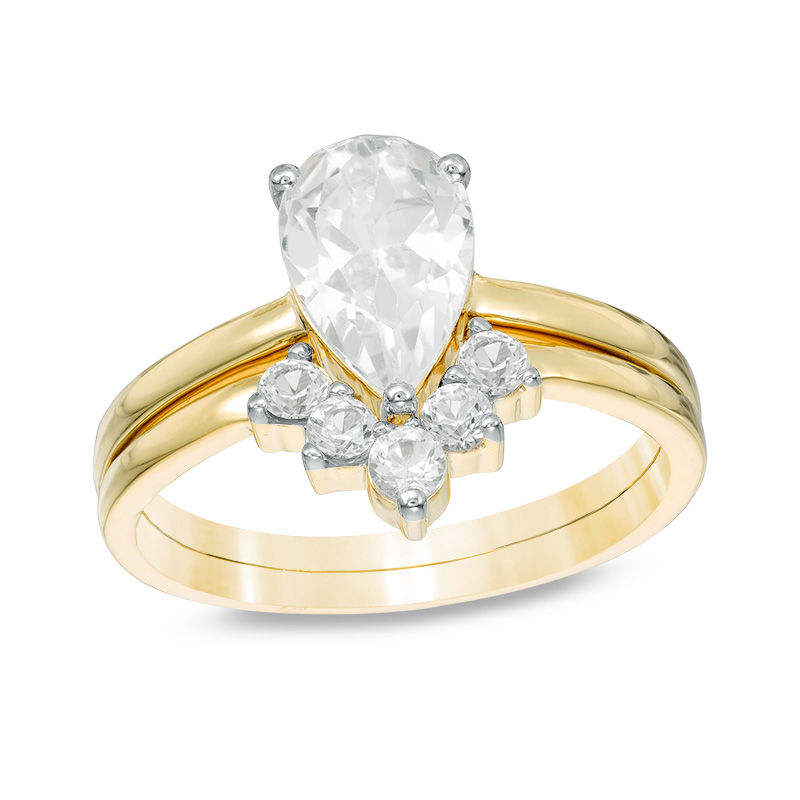 Pear-Shaped Lab-Created White Sapphire Bridal Set in Sterling Silver with 14K Gold Plate|Peoples Jewellers