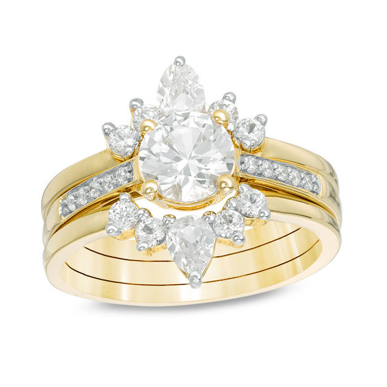 Lab-Created White Sapphire and 0.04 CT. T.W. Diamond Three Piece Bridal Set in Sterling Silver with 14K Gold Plate