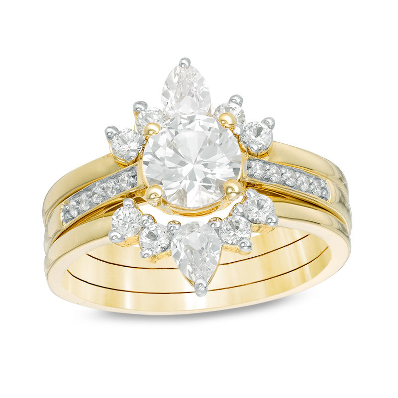 Lab-Created White Sapphire and 0.04 CT. T.W. Diamond Three Piece Bridal Set in Sterling Silver with 14K Gold Plate|Peoples Jewellers