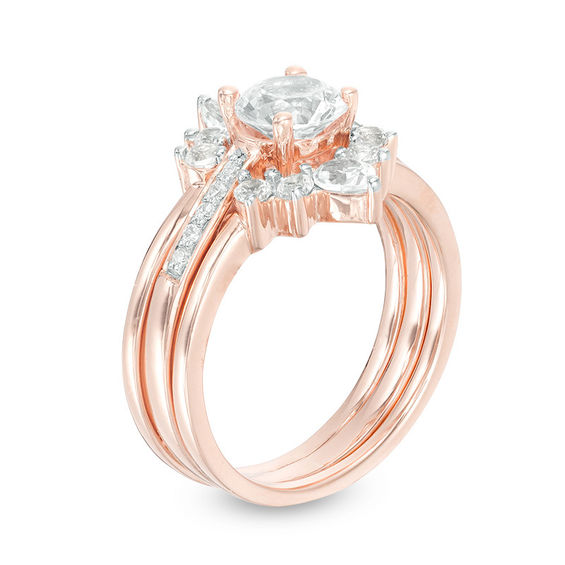 Lab-Created White Sapphire and 0.04 CT. T.W. Diamond Three Piece Bridal Set in Sterling Silver with 14K Rose Gold Plate