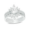 Lab-Created White Sapphire and 0.04 CT. T.W. Diamond Sunburst Three Piece Bridal Set in Sterling Silver