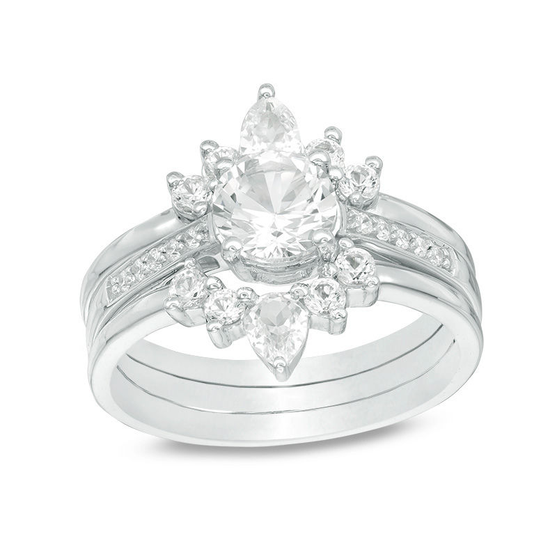 Lab-Created White Sapphire and 0.04 CT. T.W. Diamond Sunburst Three Piece Bridal Set in Sterling Silver|Peoples Jewellers