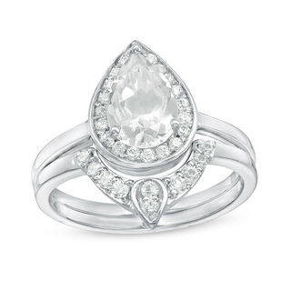 Pear-Shaped Lab-Created White Sapphire and 0.116 CT. T.W. Diamond Frame Bridal Set in Sterling Silver