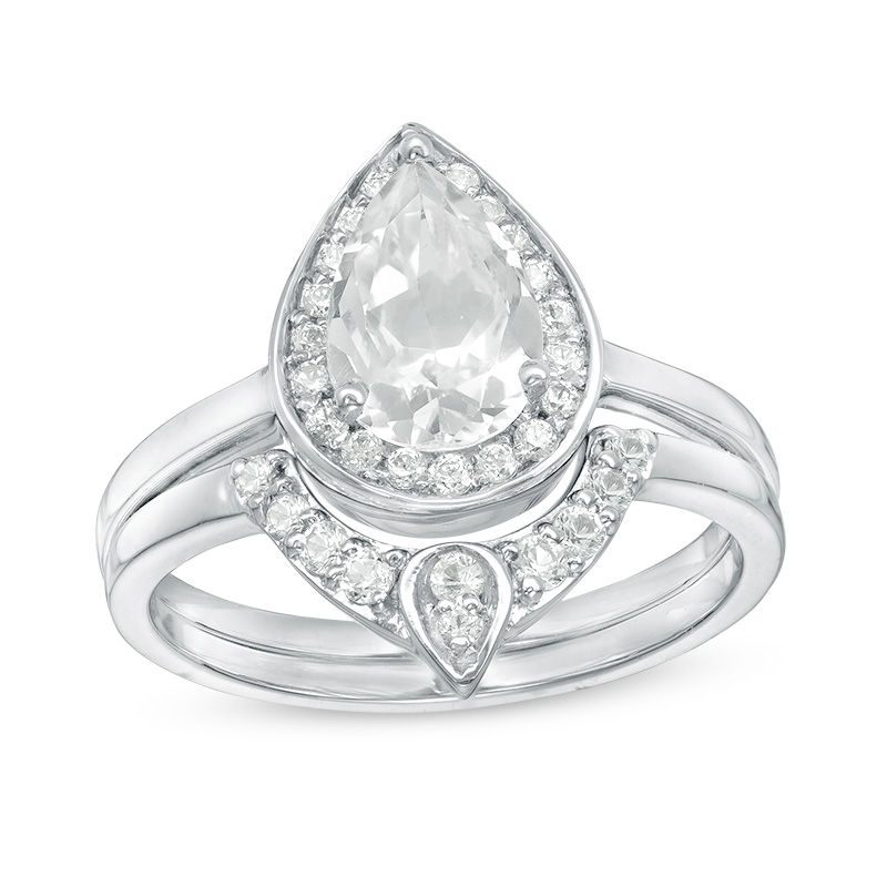 Pear-Shaped Lab-Created White Sapphire and 0.116 CT. T.W. Diamond Frame Bridal Set in Sterling Silver|Peoples Jewellers