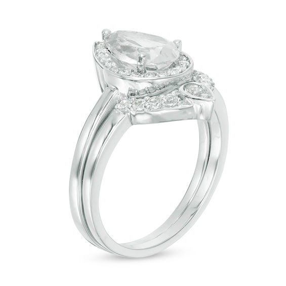 Pear-Shaped Lab-Created White Sapphire and 0.116 CT. T.W. Diamond Frame Bridal Set in Sterling Silver