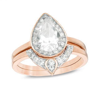 Pear-Shaped Lab-Created White Sapphire and 0.116 CT. T.W. Diamond Bridal Set in Sterling Silver with 14K Rose Gold Plate