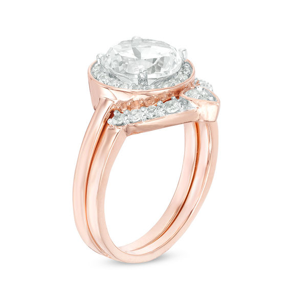 8.0mm Lab-Created White Sapphire Bridal Set in Sterling Silver with 14K Rose Gold Plate