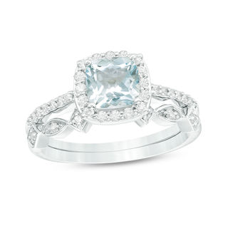 6.0mm Cushion-Cut Aquamarine and 0.22 CT. T.W. Diamond Frame Art Deco Bridal Set in 10K White Gold