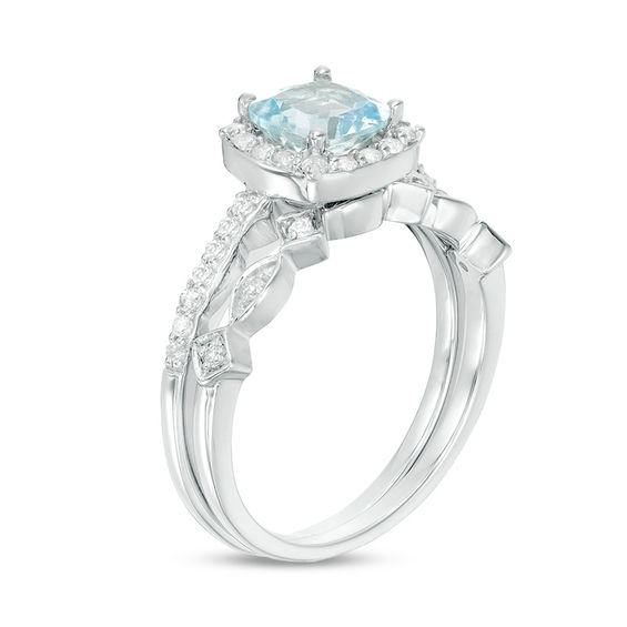 6.0mm Cushion-Cut Aquamarine and 0.22 CT. T.W. Diamond Frame Art Deco Bridal Set in 10K White Gold