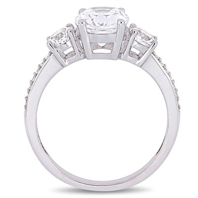 Oval Lab-Created White Sapphire and 0.07 CT. T.W. Diamond Three Stone Engagement Ring in 10K White Gold