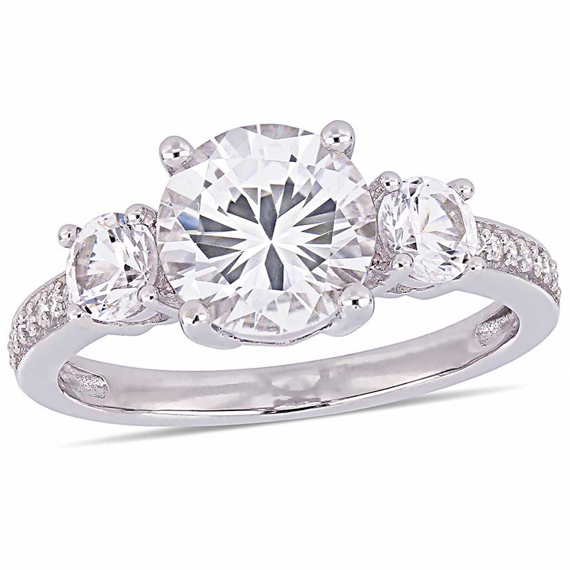 Lab-Created White Sapphire and 0.07 CT. T.W. Diamond Three Stone Engagement Ring in 10K White Gold|Peoples Jewellers