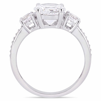 Lab-Created White Sapphire and 0.07 CT. T.W. Diamond Three Stone Engagement Ring in 10K White Gold