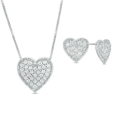 0.09 CT. T.W. Composite Diamond Heart Pendant and Stud Earrings Set in Sterling Silver