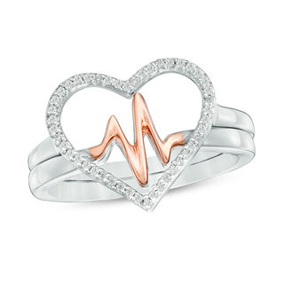 Convertibilities 0.119 CT. T.W. Diamond Heartbeat and Heart Three-in-One Ring in Sterling Silver and 10K Rose Gold