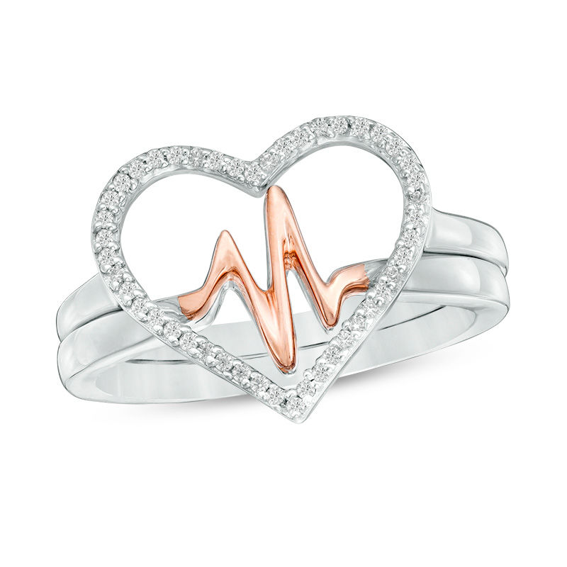 Convertibilities 0.119 CT. T.W. Diamond Heartbeat and Heart Three-in-One Ring in Sterling Silver and 10K Rose Gold|Peoples Jewellers