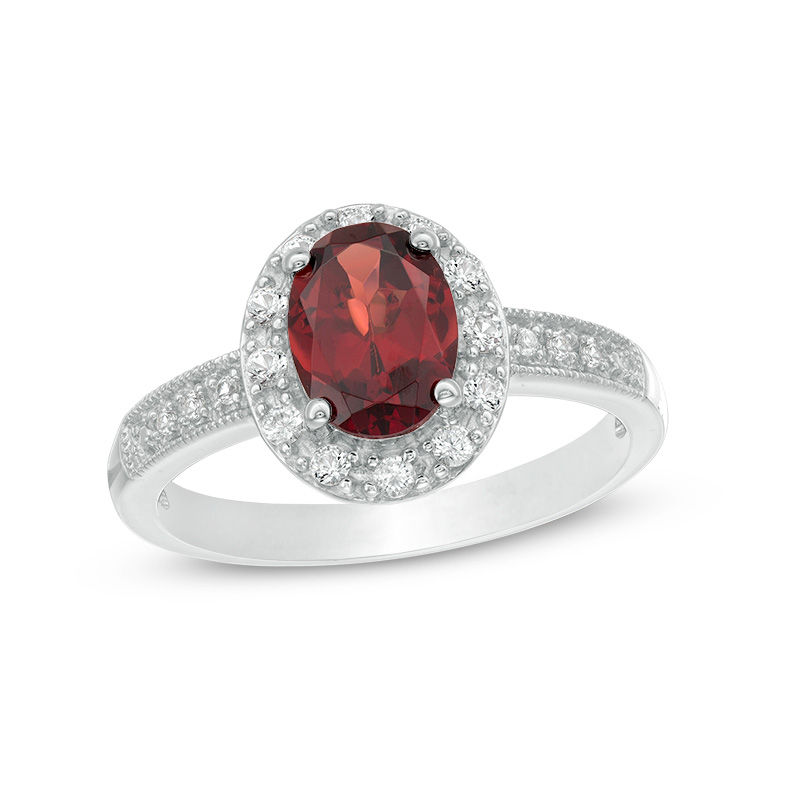 Oval Garnet and Lab-Created White Sapphire Frame Vintage-Style Ring in Sterling Silver|Peoples Jewellers