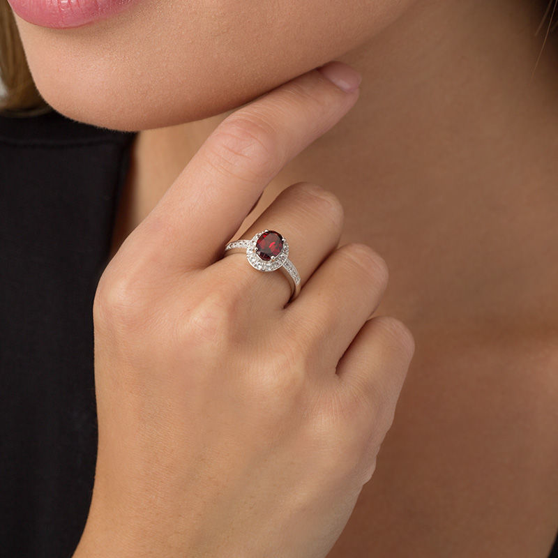 Oval Garnet and Lab-Created White Sapphire Frame Vintage-Style Ring in Sterling Silver|Peoples Jewellers