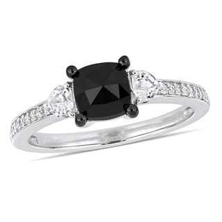 1.09 CT. T.W. Cushion-Shaped Black Diamond and White Sapphire Three Stone Engagement Ring in 10K White Gold