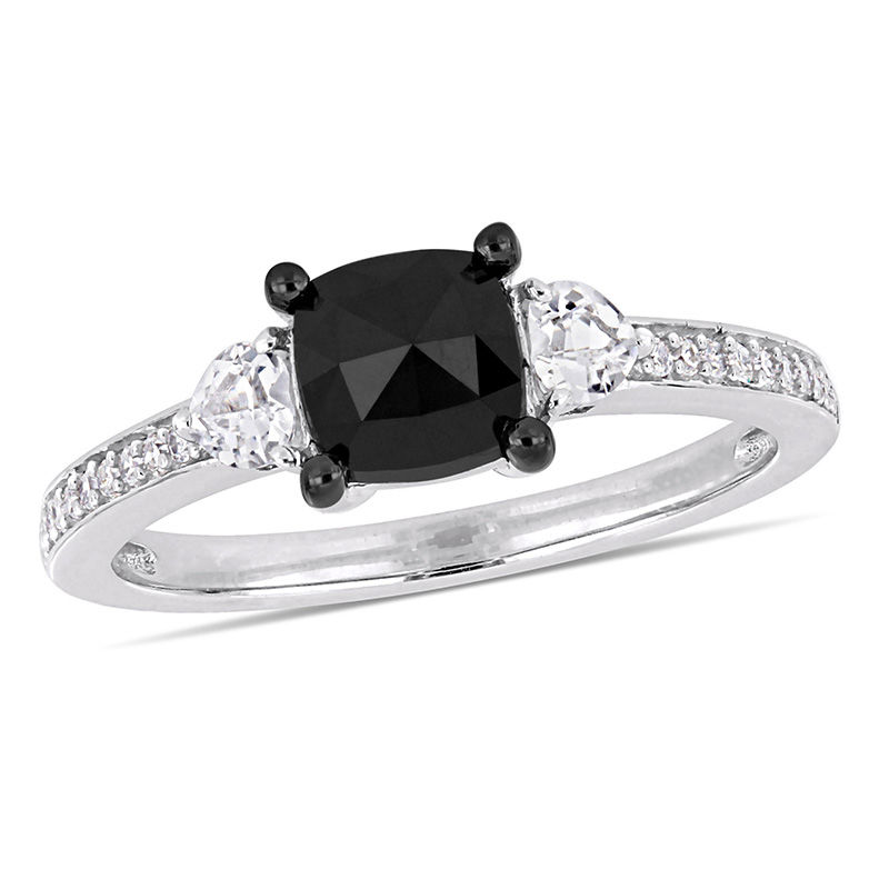 1.09 CT. T.W. Cushion-Cut Black Diamond and White Sapphire Three Stone Engagement Ring in 10K White Gold|Peoples Jewellers