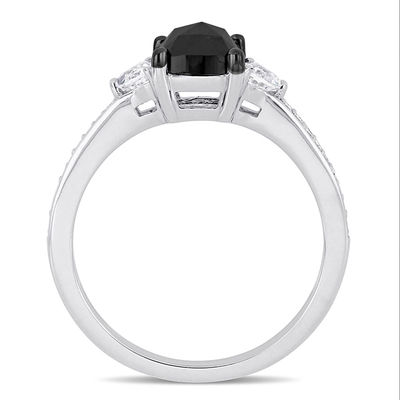 1.09 CT. T.W. Cushion-Shaped Black Diamond and White Sapphire Three Stone Engagement Ring in 10K White Gold