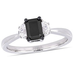 0.70 CT. Emerald-Cut Black Diamond and White Sapphire Three Stone Engagement Ring in 10K White Gold