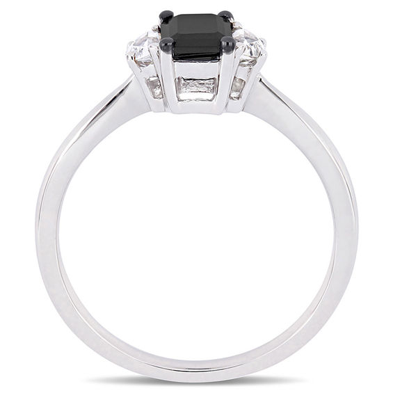 0.70 CT. Emerald-Cut Black Diamond and White Sapphire Three Stone Engagement Ring in 10K White Gold