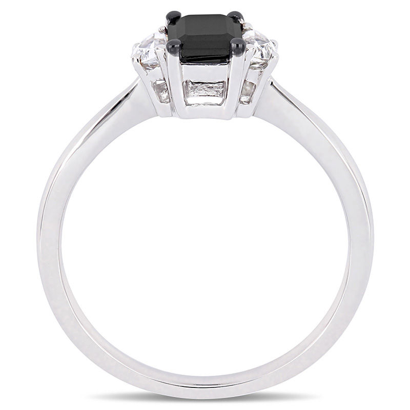 0.70 CT. Emerald-Cut Black Diamond and White Sapphire Three Stone Engagement Ring in 10K White Gold|Peoples Jewellers