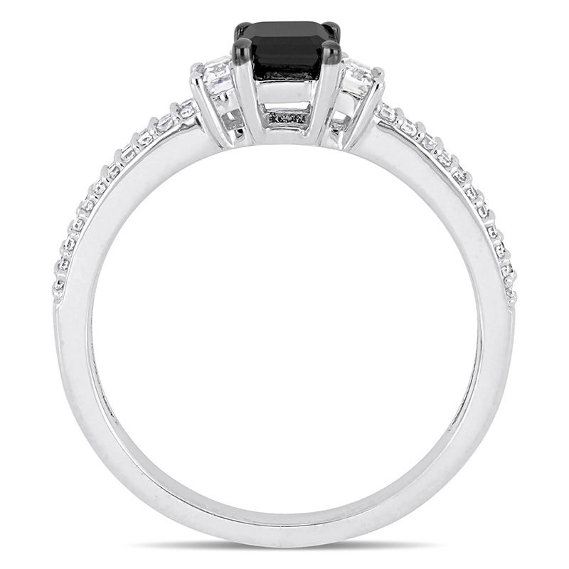 0.85 CT. T.W. Emerald-Cut Black Diamond and White Sapphire Three Stone Engagement Ring in 10K White Gold|Peoples Jewellers
