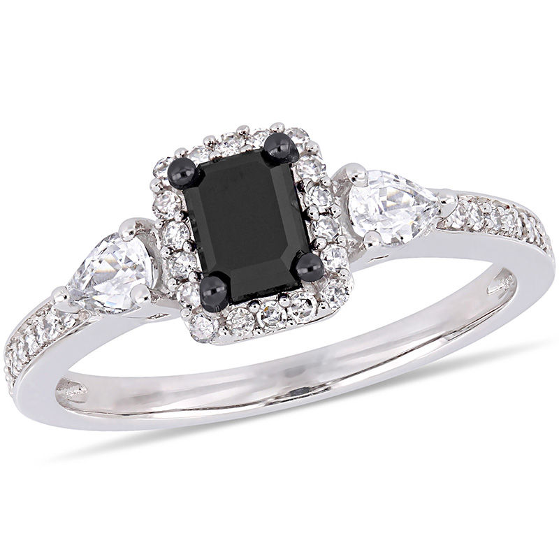 0.90 CT. T.W. Emerald-Cut Enhanced Black and White Sapphire Three Stone Frame Engagement Ring in 10K White Gold|Peoples Jewellers