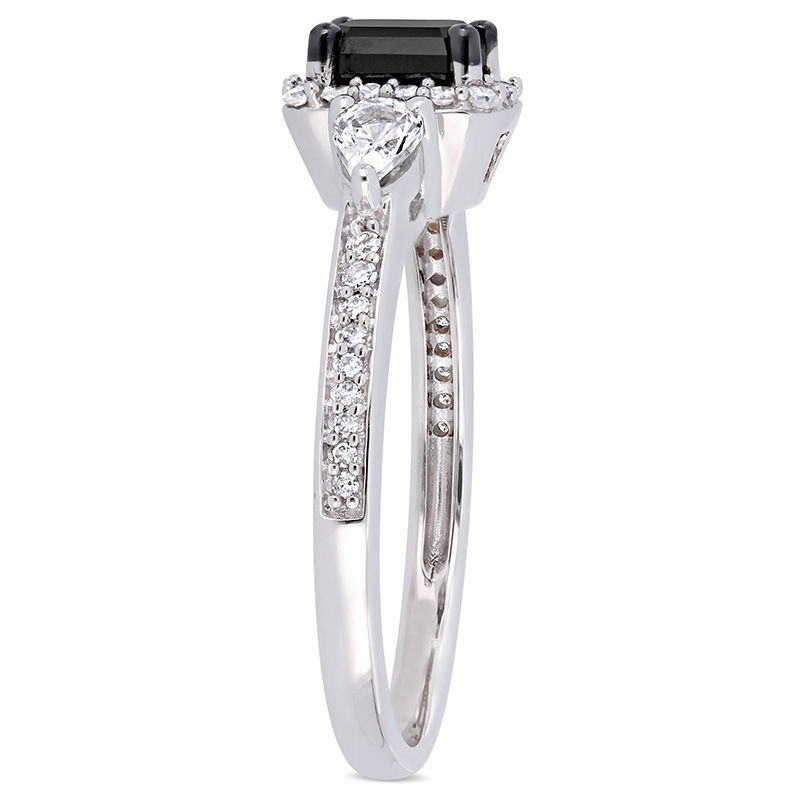 0.90 CT. T.W. Emerald-Cut Enhanced Black and White Sapphire Three Stone Frame Engagement Ring in 10K White Gold