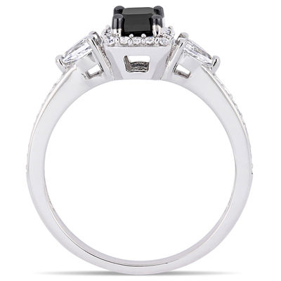 0.90 CT. T.W. Emerald-Cut Enhanced Black and White Sapphire Three Stone Frame Engagement Ring in 10K White Gold