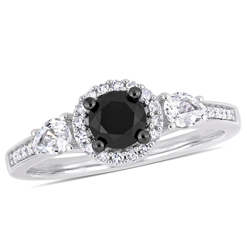 0.60 CT. T.W. Black Diamond and White Sapphire Three Stone Frame Engagement Ring in 10K White Gold|Peoples Jewellers