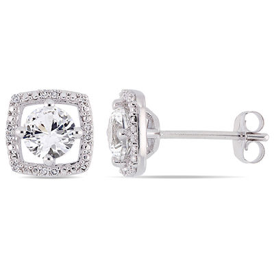 5.0mm Lab-Created White Sapphire and 0.072 CT. T.W. Diamond Cushion Frame Stud Earrings in 10K White Gold