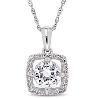 6.0mm Lab-Created White Sapphire and 0.10 CT. T.W. Diamond Cushion Frame Pendant in 10K White Gold